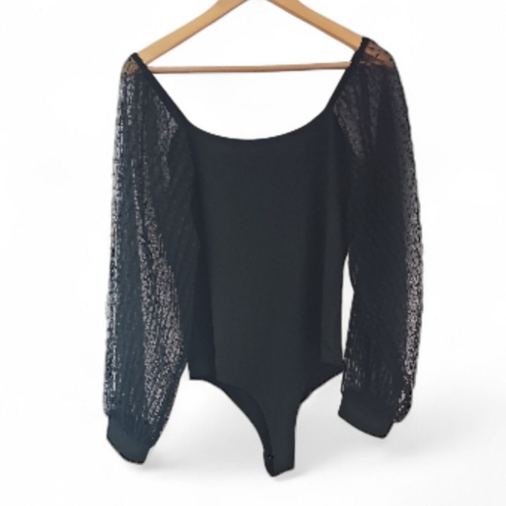 Sheer Polka Dot Sleeve Black Bodysuit Women’s XL Mesh Party Top Chic Cocktail